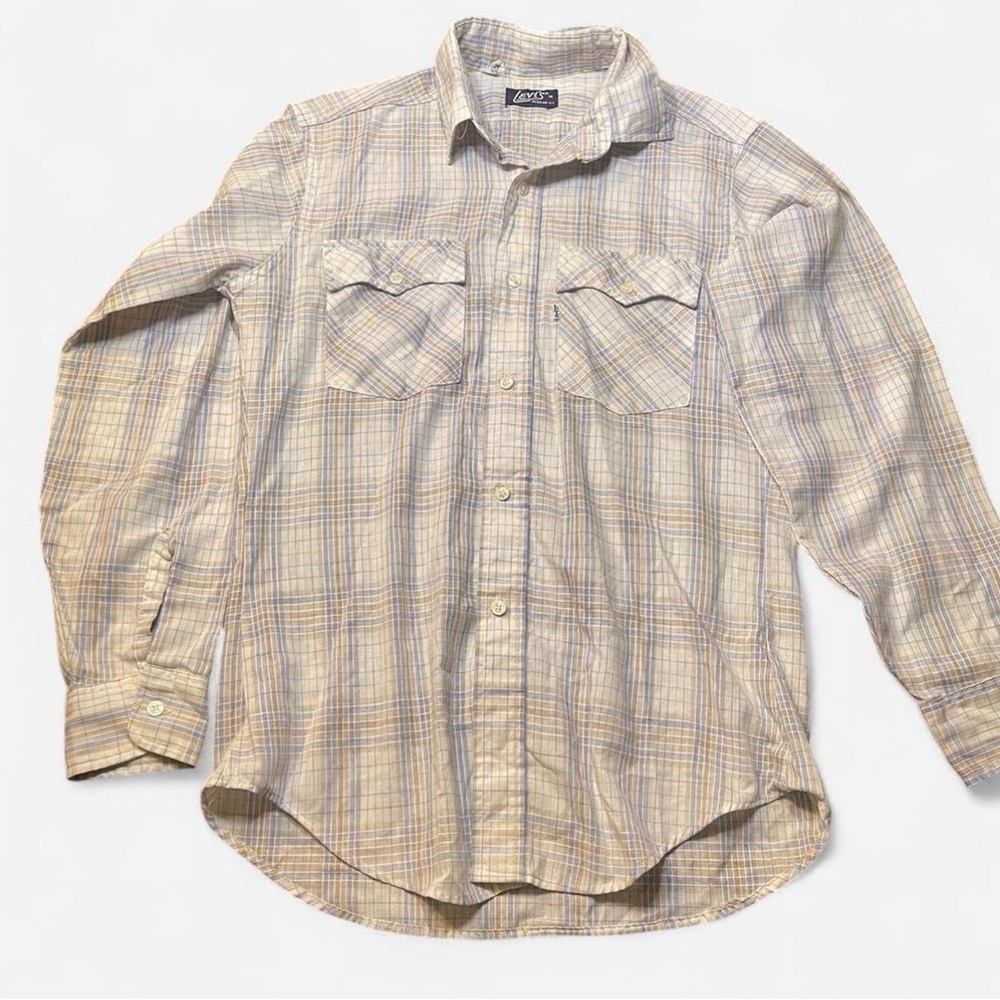 VTG 70s Levi's Western Plaid Button Up Cream Blue Regular Fit Made In USA Sz M